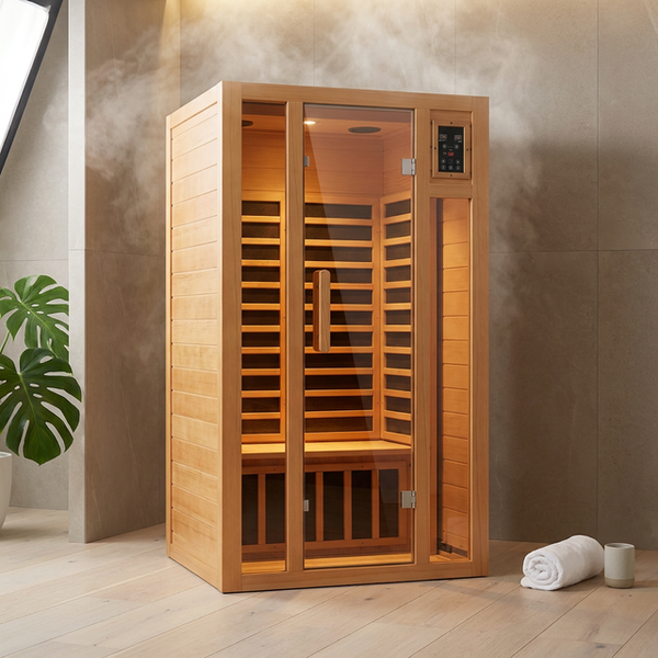 2 Person Extendable FAR Infrared Sauna for Home, Hemlock Wood Low EMF 6 Carbon Heaters Indoor Saunas with LED Lights, Bluetooth Speaker, Digital Control Panel, and Seating Bench — Studio Shot