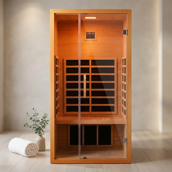 1 Person Extendable FAR Infrared Sauna for Home, Hemlock Wood Low EMF 6 Carbon Heaters Indoor Saunas with LED Lights, Bluetooth Speaker, Digital Control Panel, and Seating Bench — Studio Shot